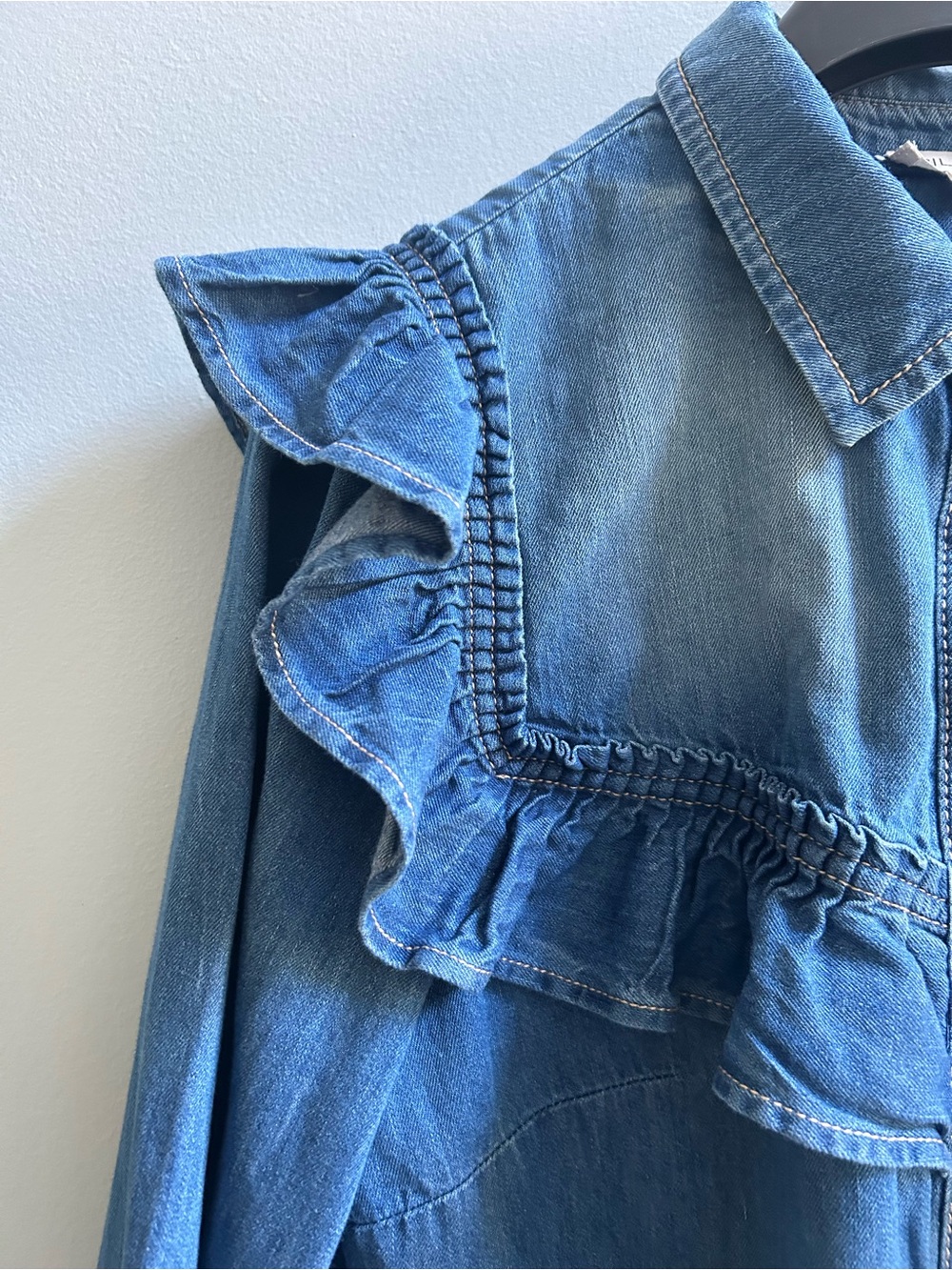 NWT Anthropologie Pilcro Size Large Blue Ruffle Denim Mini Shirt Dress - Picture 8 of 16